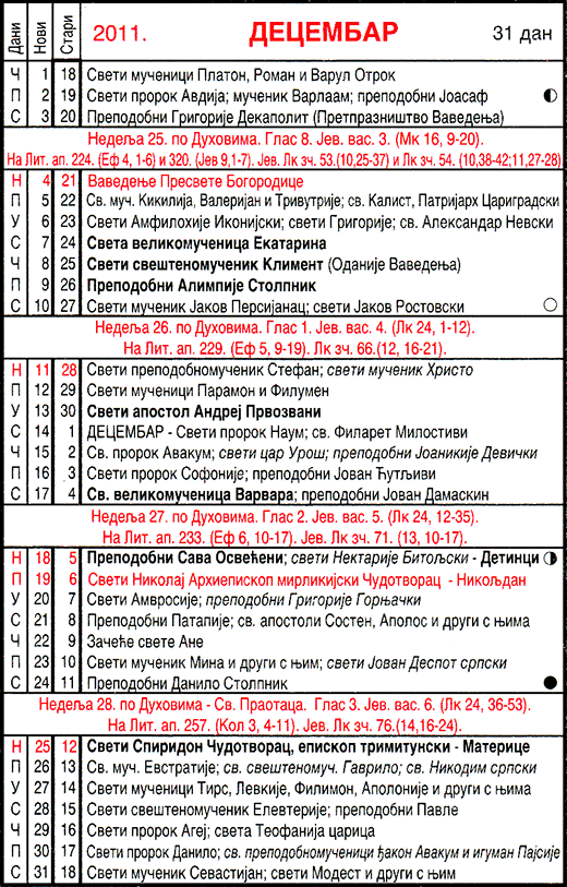 Pravoslavni kalendar  za decembar 2011
