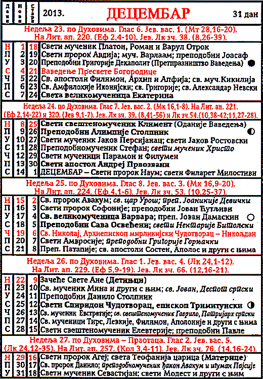 Pravoslavni kalendar  za decembar 2013