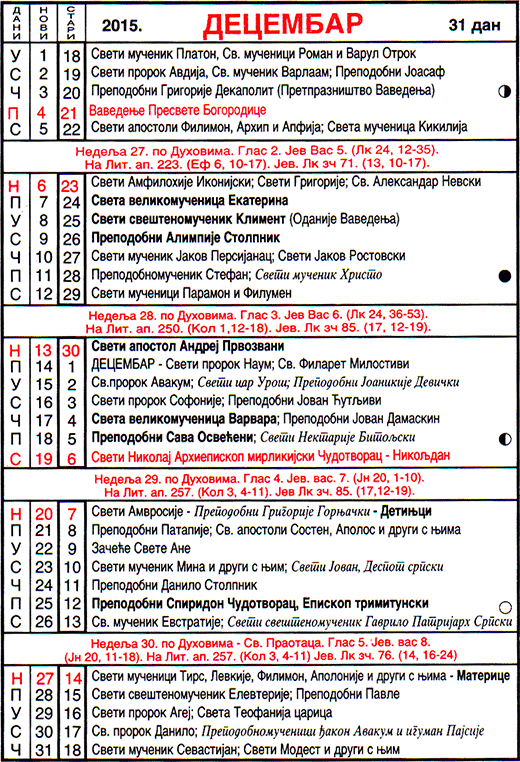 Pravoslavni kalendar  za decembar 2015