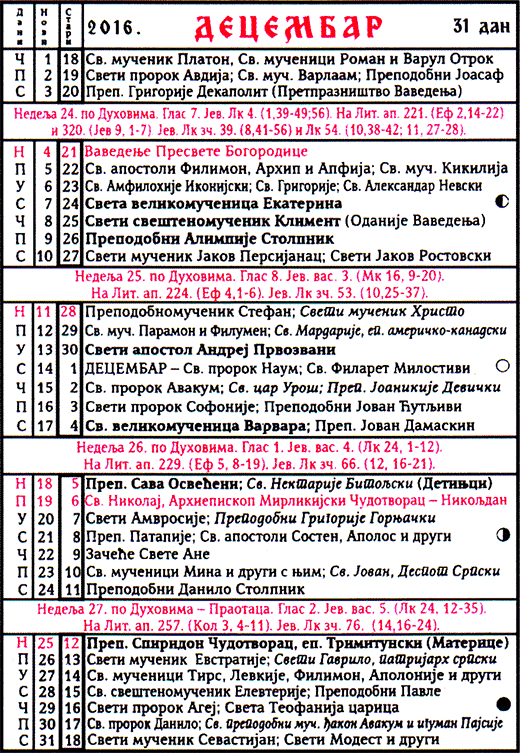 Pravoslavni kalendar  za decembar 2016