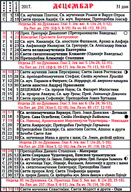 Pravoslavni kalendar  za decembar 2017