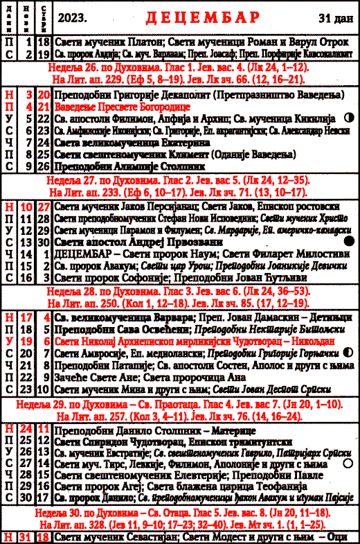 Pravoslavni kalendar  za decembar 2023
