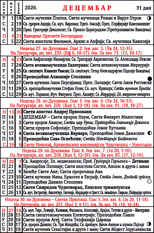 Pravoslavni kalendar  za decembar 2026